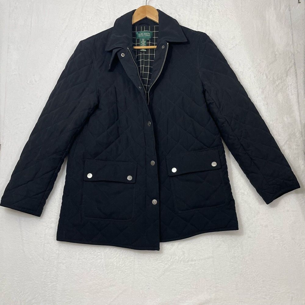 Vintage Ralph Lauren Womens LARGE Quilted Black Jacket Black White Plaid Classic